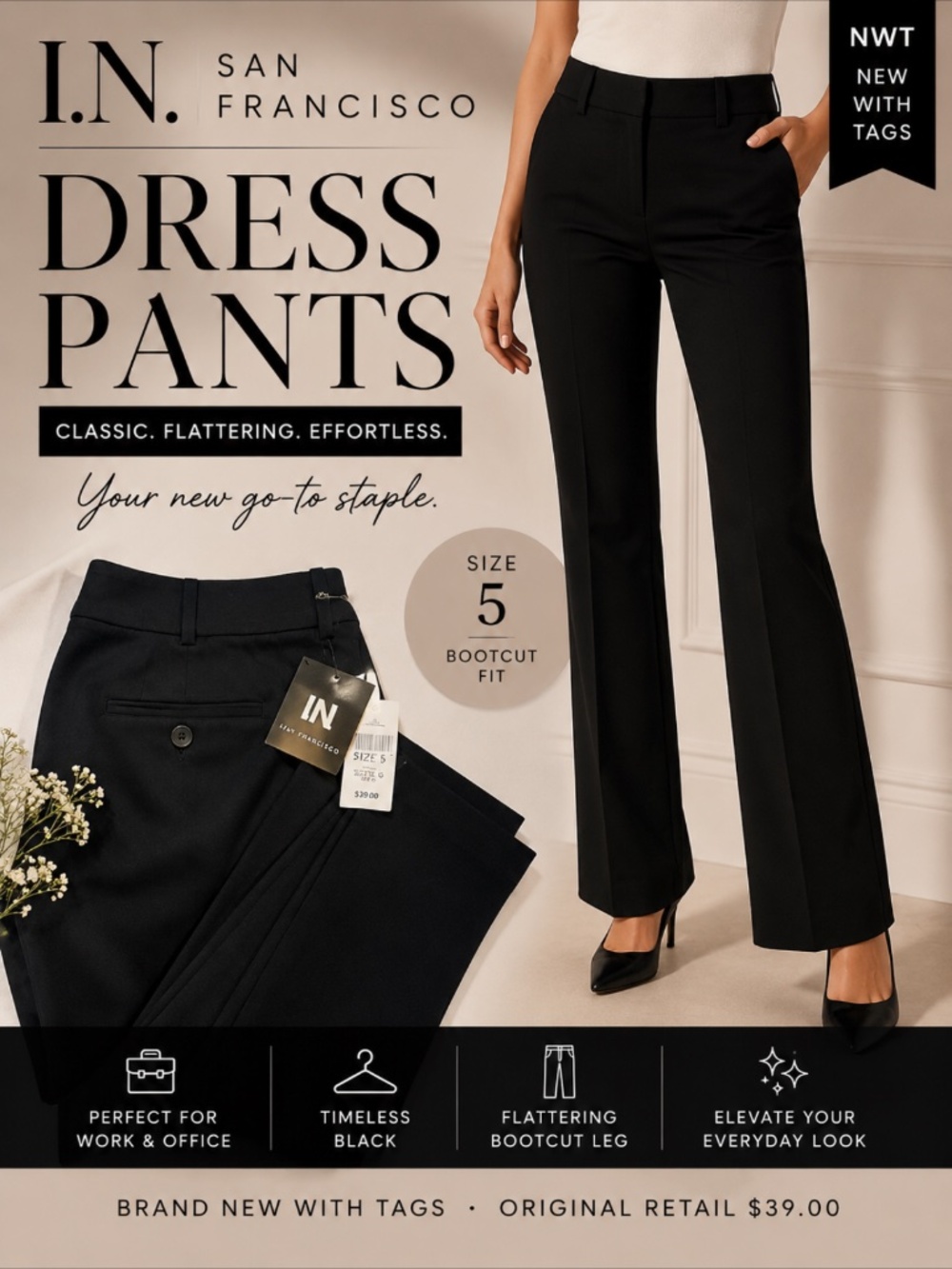 NWT I.N. San Francisco Black Dress Pants Size 5 Bootcut Career Office Workwear